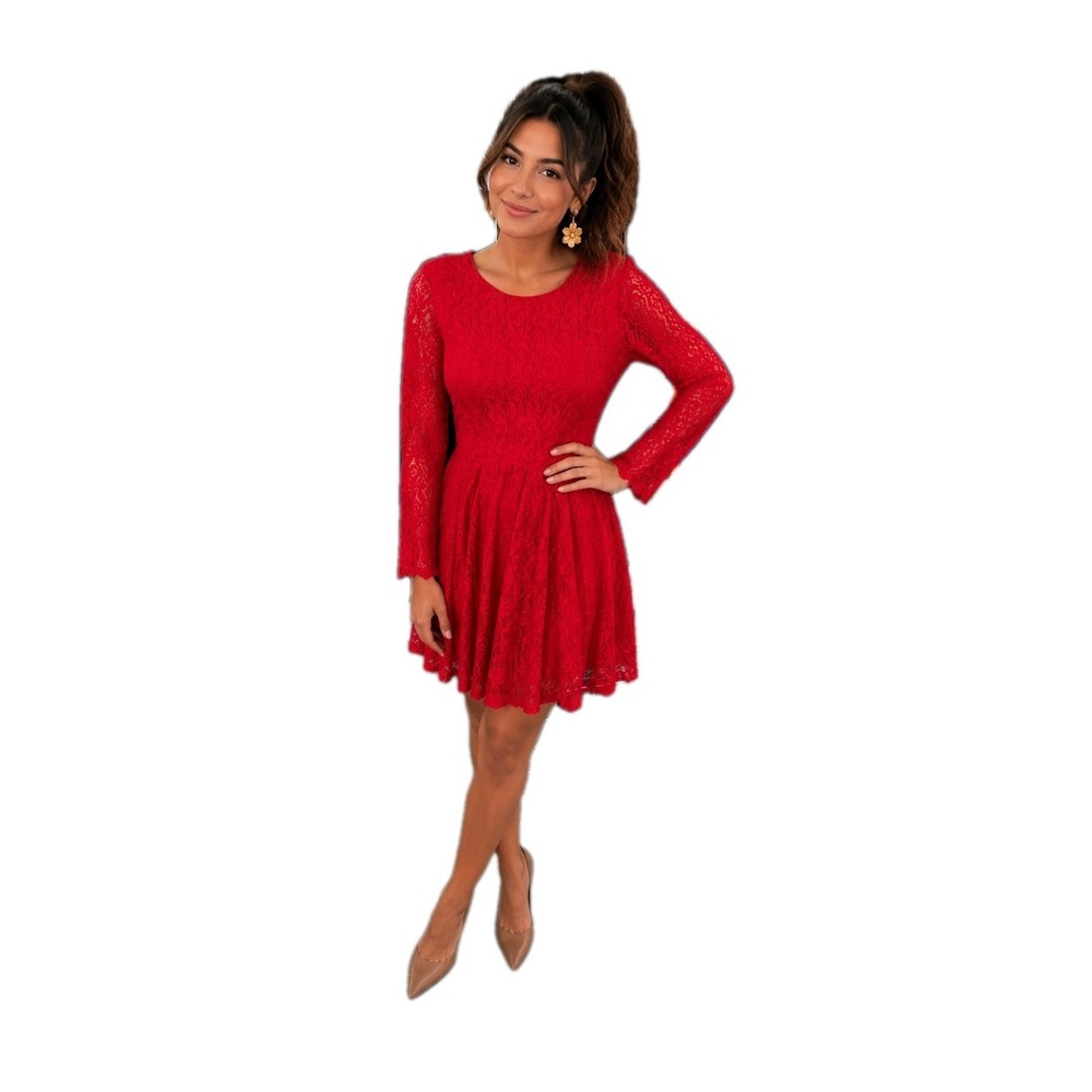 Altard State Boho Chic Red Lace Skater Dress Fit Flare Whimsical Coquette‎ SZ S